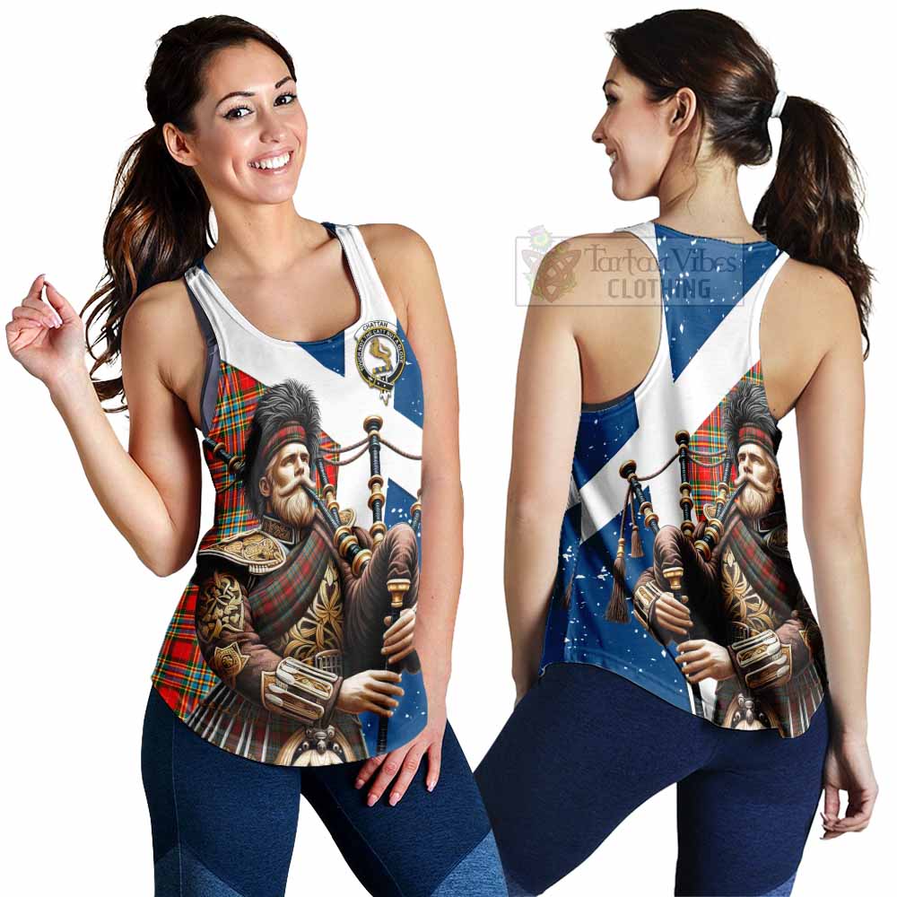 Tartan Vibes Clothing Chattan Tartan Women's Racerback Tanks with Family Crest Scottish Bagpiper Vibes