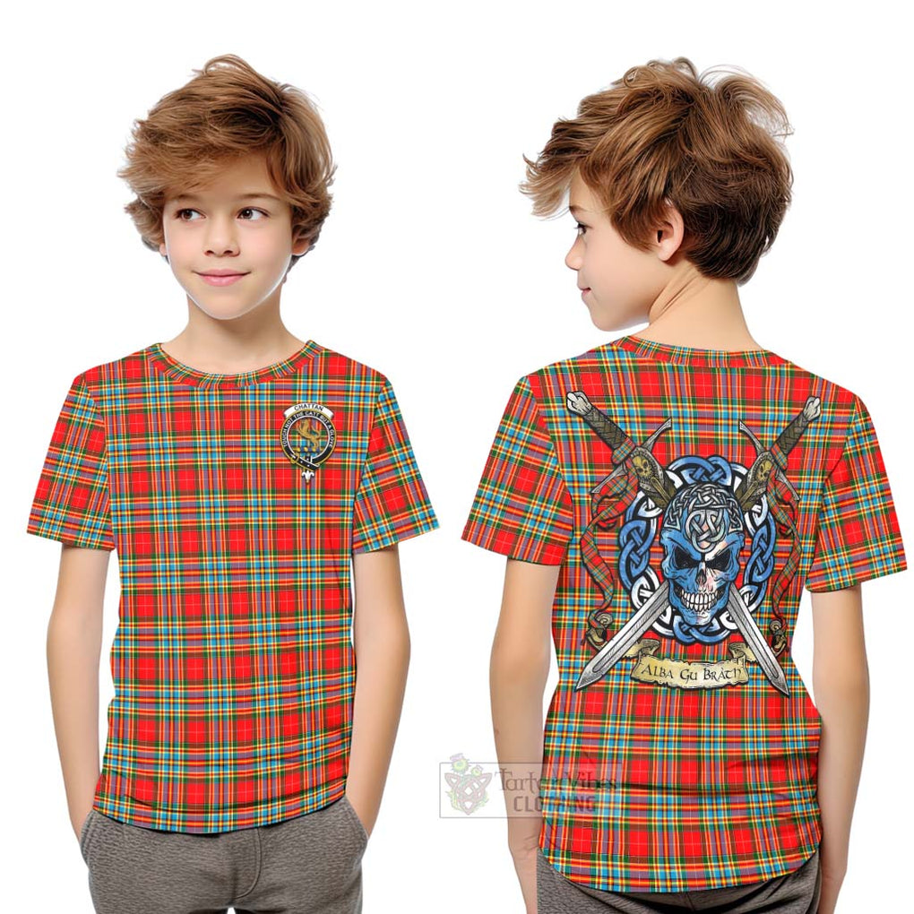 Tartan Vibes Clothing Chattan Tartan Kid T-Shirt with Family Crest Celtic Skull Style