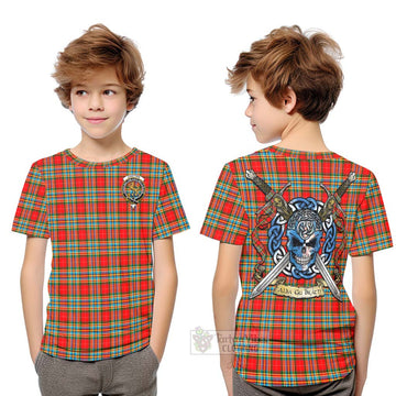 Chattan Tartan Kid T-Shirt with Family Crest Celtic Skull Style