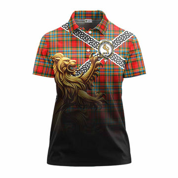 Chattan Crest Tartan Women's Polo Shirt with Golden Lion Emblem Celtic Style Women - Tartan Vibes Clothing
