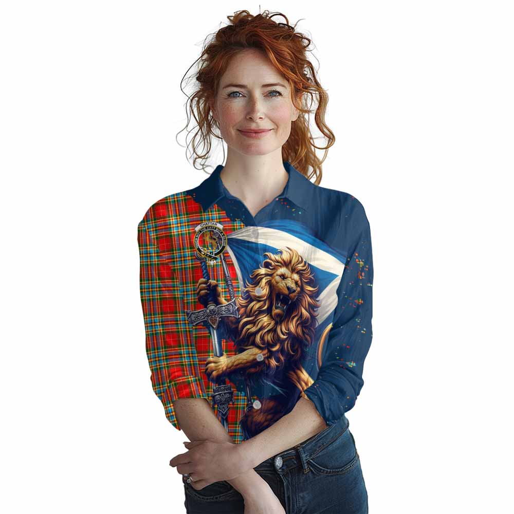 Tartan Vibes Clothing Chattan Tartan Family Crest Women's Casual Shirt with Scottish Majestic Lion