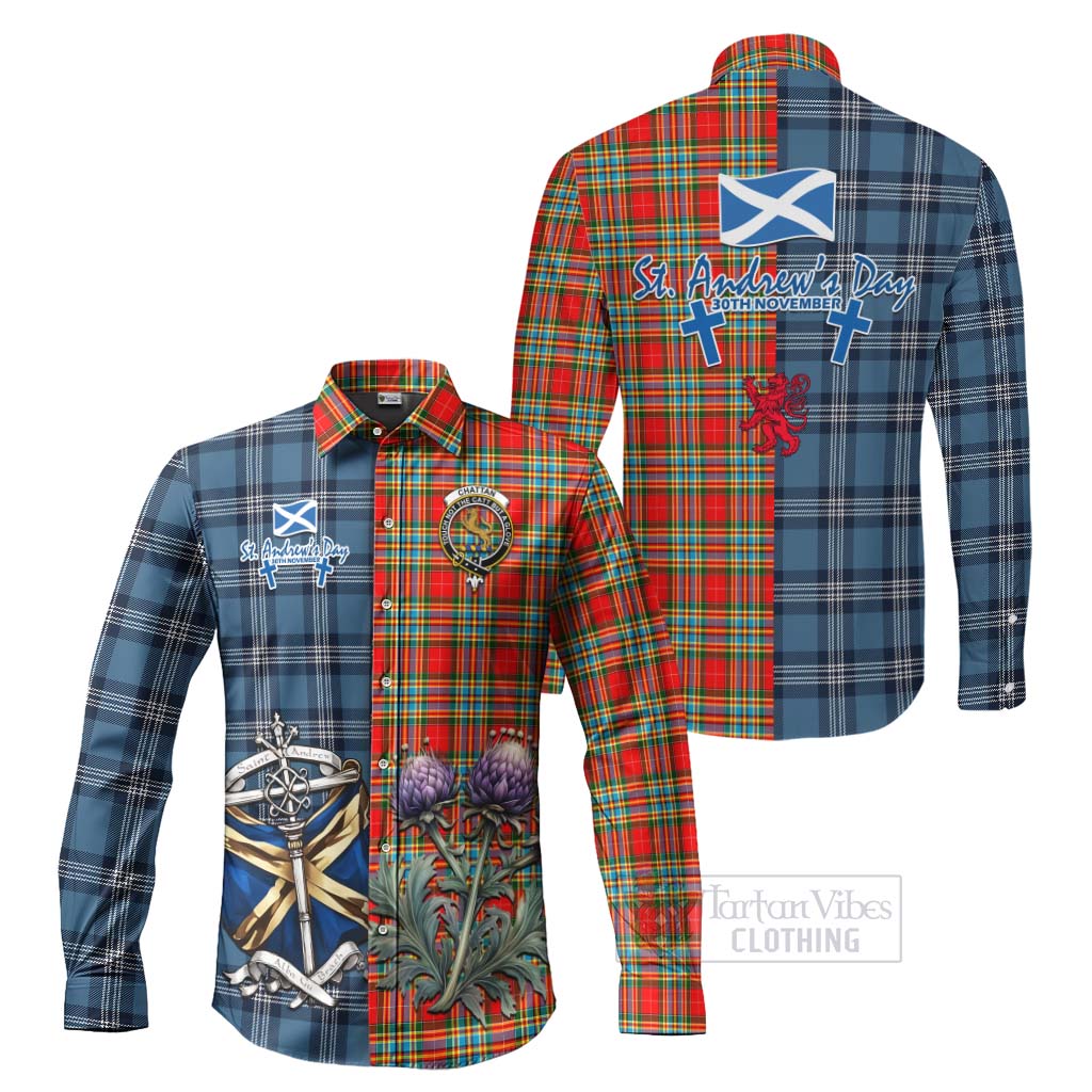 Tartan Vibes Clothing Chattan Tartan Long Sleeve Button Shirt Happy St. Andrew's Day Half Tartan Style