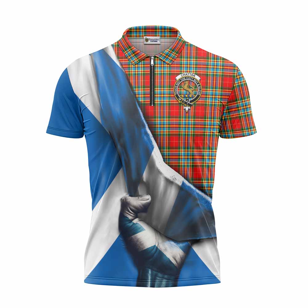 Tartan Vibes Clothing Chattan Tartan Zipper Polo Shirt with Family Crest Scotland Patriotic Style