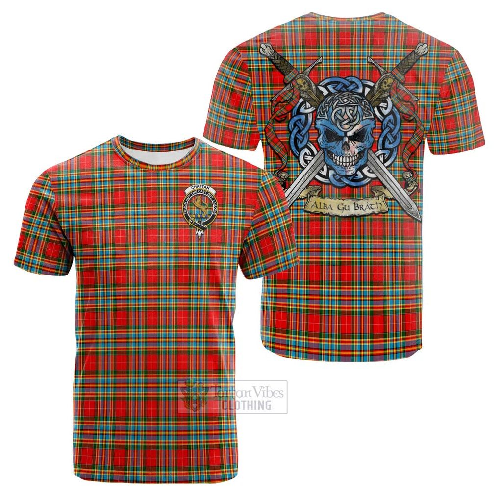 Tartan Vibes Clothing Chattan Tartan Cotton T-shirt with Family Crest Celtic Skull Style