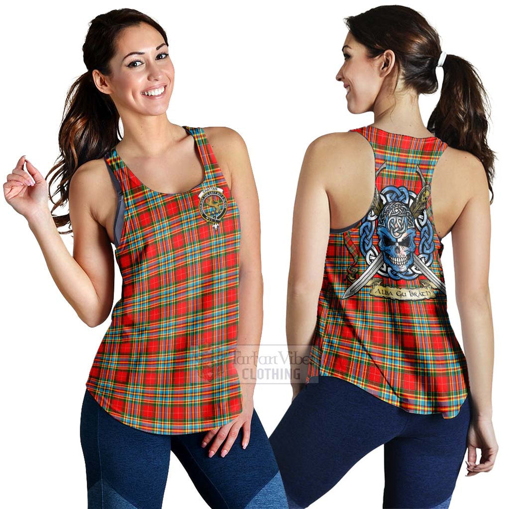 Tartan Vibes Clothing Chattan Tartan Women's Racerback Tanks with Family Crest Celtic Skull Style