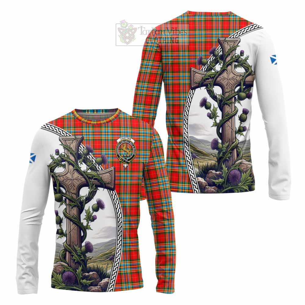 Tartan Vibes Clothing Chattan Tartan Long Sleeve T-Shirt with Family Crest and St. Andrew's Cross Accented by Thistle Vines