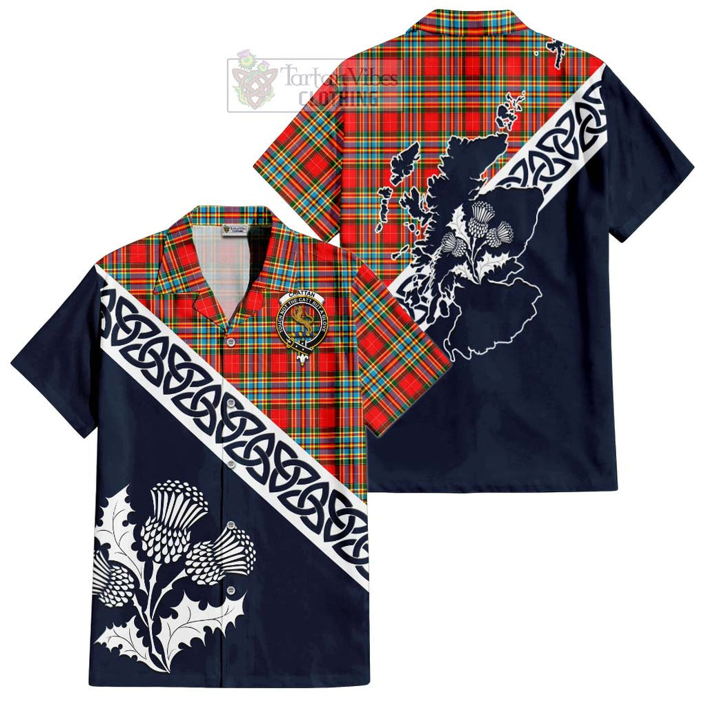 Tartan Vibes Clothing Chattan Tartan Short Sleeve Button Shirt Featuring Thistle and Scotland Map