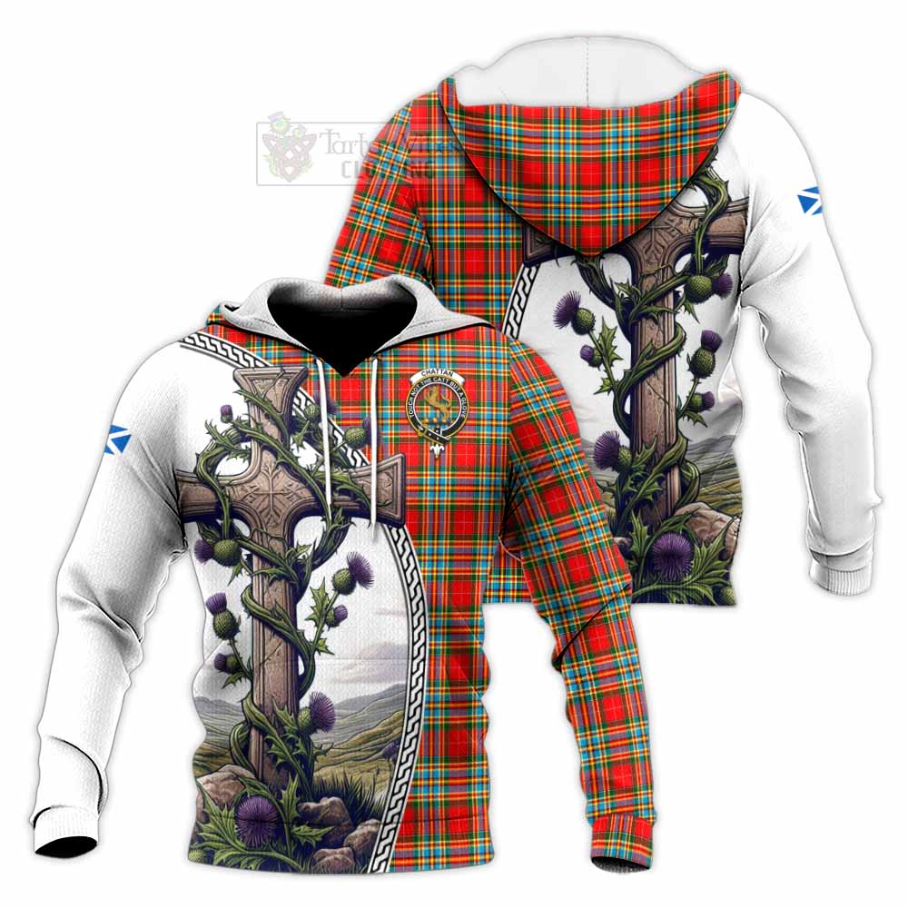 Tartan Vibes Clothing Chattan Tartan Knitted Hoodie with Family Crest and St. Andrew's Cross Accented by Thistle Vines