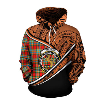 Chattan Crest Tartan Cotton Hoodie with Polynesian Vibes Style - Orange Version