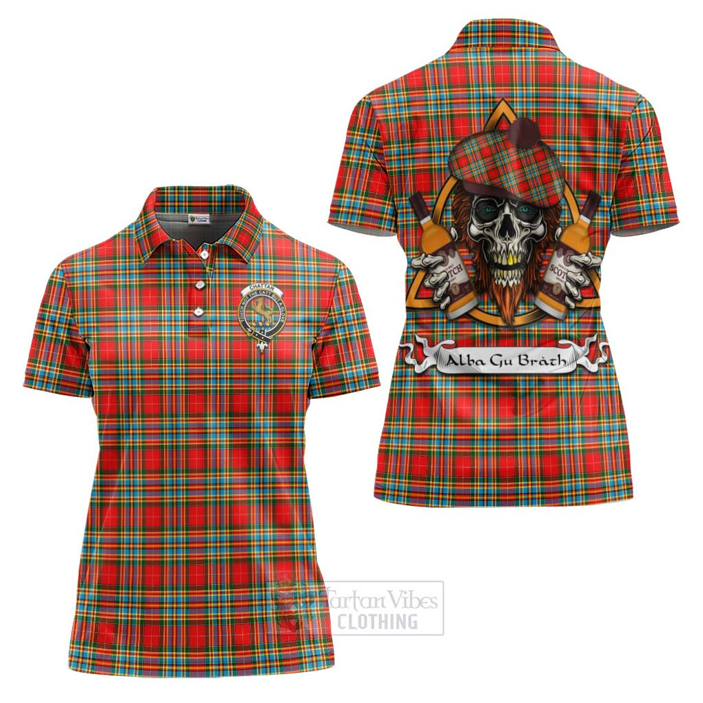 Tartan Vibes Clothing Chattan Tartan Women's Polo Shirt with Family Crest and Bearded Skull Holding Bottles of Whiskey