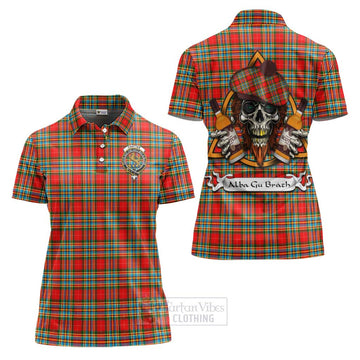 Chattan Tartan Women's Polo Shirt with Family Crest and Bearded Skull Holding Bottles of Whiskey