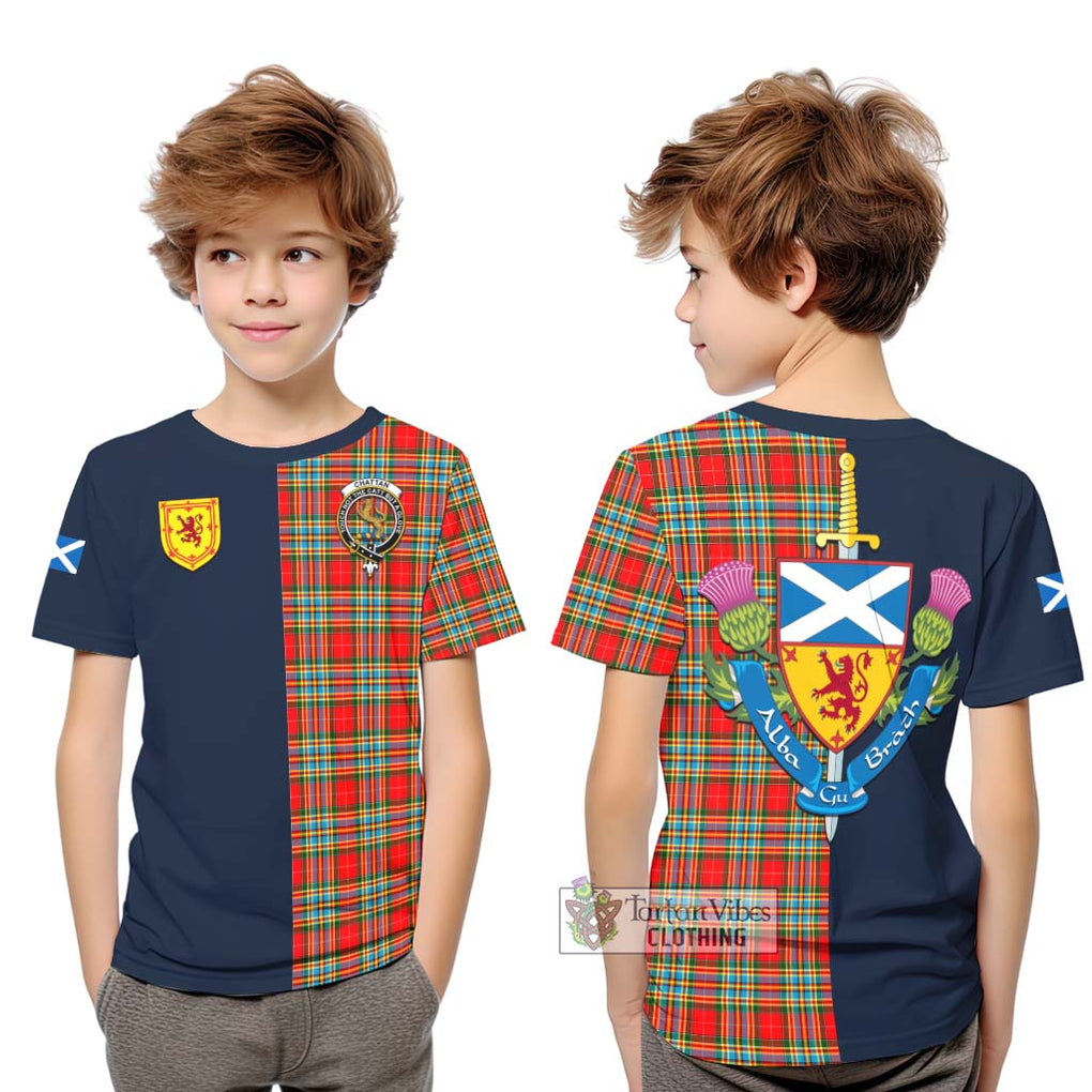 Tartan Vibes Clothing Chattan Tartan Kid T-Shirt with Scottish Lion Royal Arm Half Style