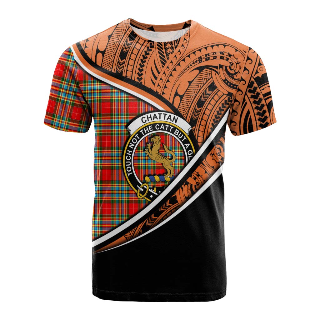 Tartan Vibes Clothing Chattan Crest Tartan Cotton T-shirt with Maori Tattoo Style - Orange Version