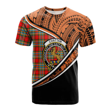 Chattan Crest Tartan Cotton T-shirt with Polynesian Vibes Style - Orange Version