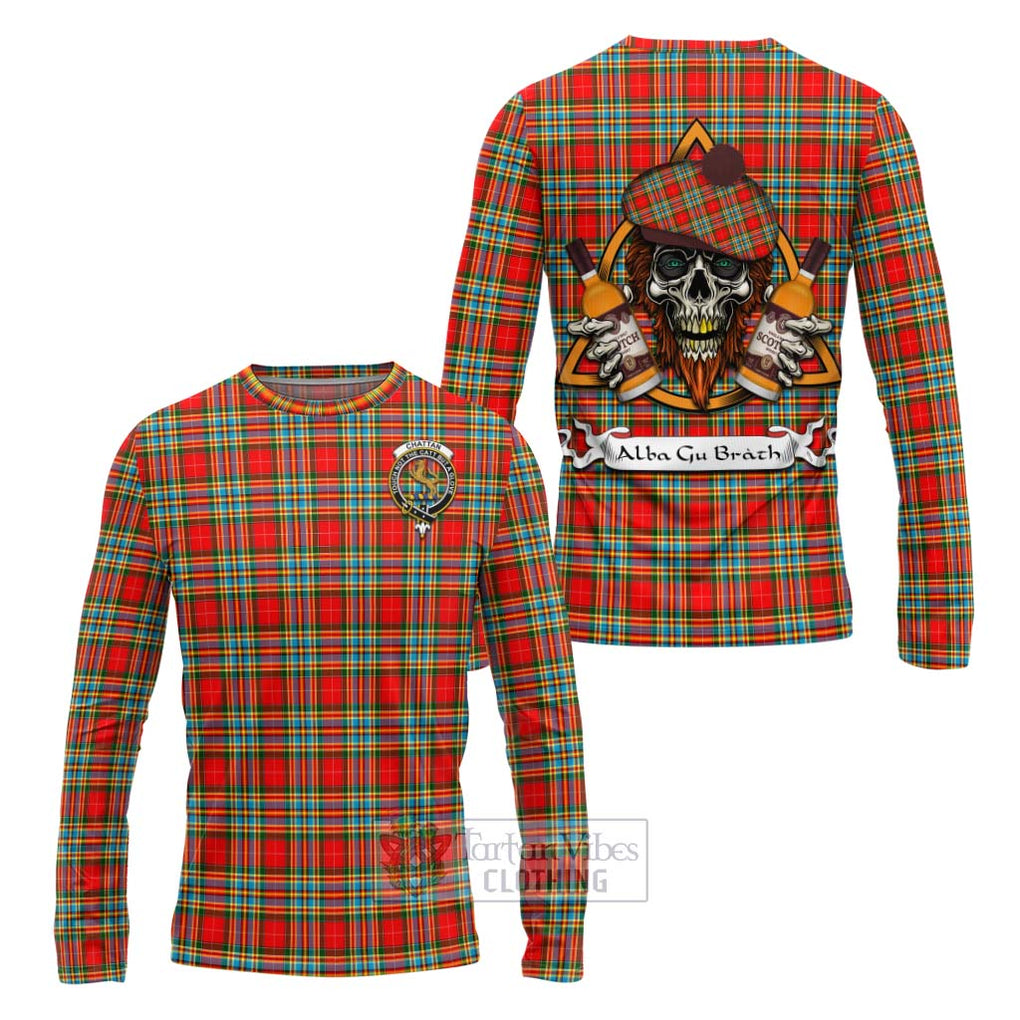 Tartan Vibes Clothing Chattan Tartan Long Sleeve T-Shirt with Family Crest and Bearded Skull Holding Bottles of Whiskey