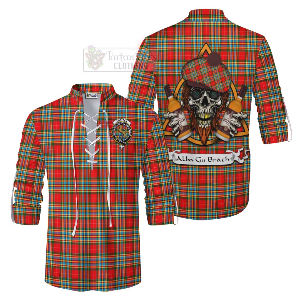 Tartan Vibes Clothing Chattan Tartan Ghillie Kilt Shirt with Family Crest and Bearded Skull Holding Bottles of Whiskey