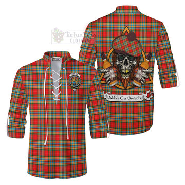 Chattan Tartan Ghillie Kilt Shirt with Family Crest and Bearded Skull Holding Bottles of Whiskey