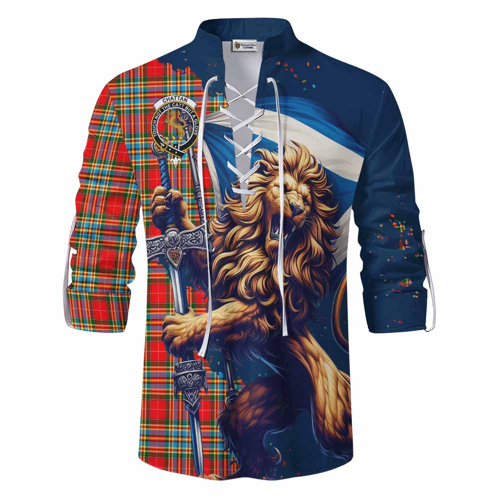 Tartan Vibes Clothing Chattan Tartan Family Crest Ghillie Kilt Shirt with Scottish Majestic Lion