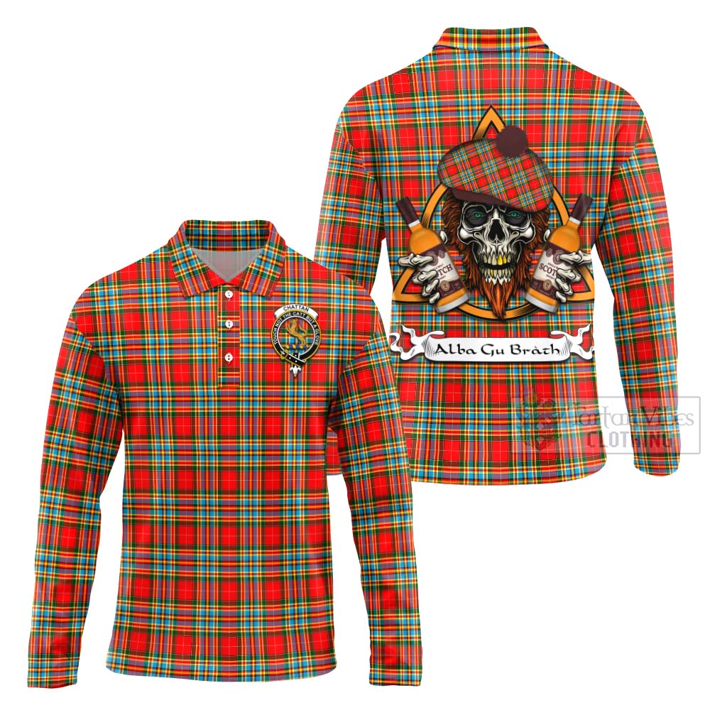 Tartan Vibes Clothing Chattan Tartan Long Sleeve Polo Shirt with Family Crest and Bearded Skull Holding Bottles of Whiskey