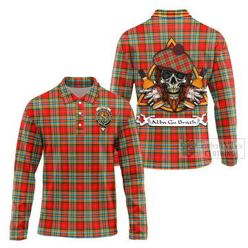 Chattan Tartan Long Sleeve Polo Shirt with Family Crest and Bearded Skull Holding Bottles of Whiskey