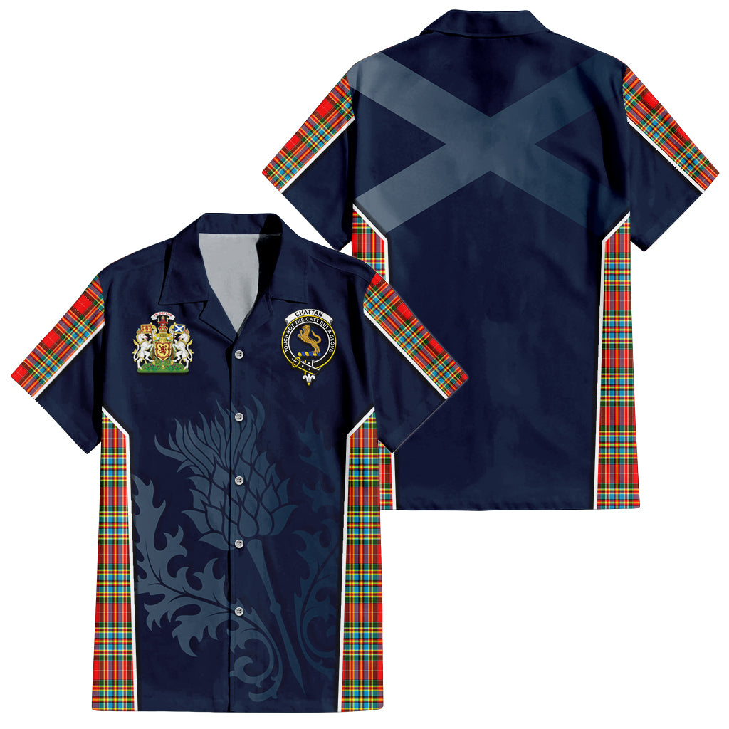 Tartan Vibes Clothing Chattan Tartan Short Sleeve Button Up Shirt with Family Crest and Scottish Thistle Vibes Sport Style