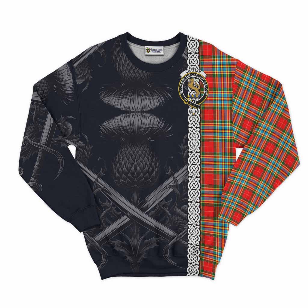 Tartan Vibes Clothing Chattan Tartan Sweatshirt with Family Crest Cross Sword Thistle Celtic Vibes