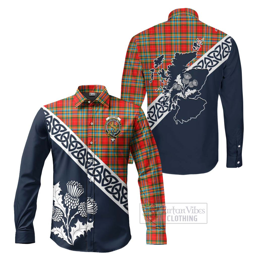 Tartan Vibes Clothing Chattan Tartan Long Sleeve Button Shirt Featuring Thistle and Scotland Map