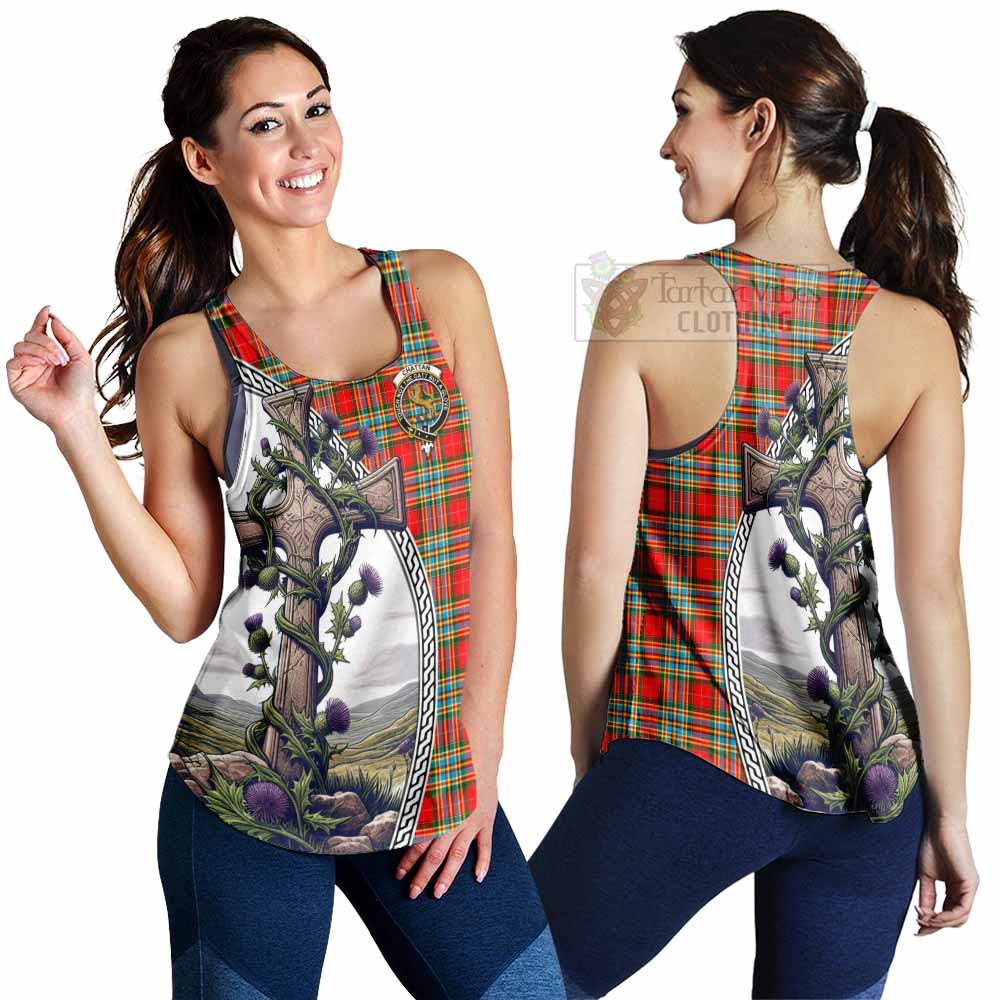 Tartan Vibes Clothing Chattan Tartan Women's Racerback Tanks with Family Crest and St. Andrew's Cross Accented by Thistle Vines