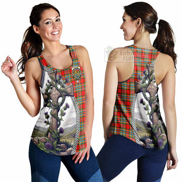 Chattan Tartan Women's Racerback Tanks with Family Crest and St. Andrew's Cross Accented by Thistle Vines