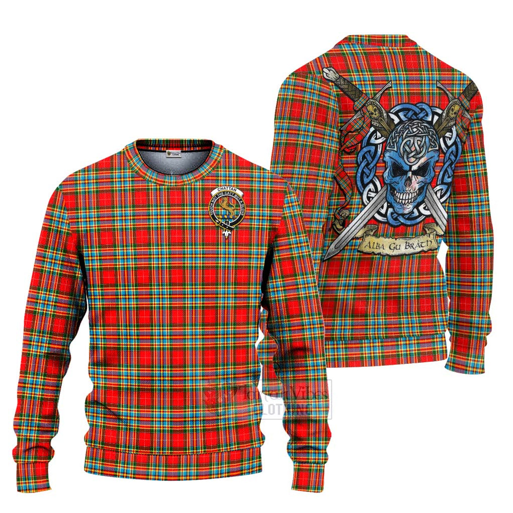 Tartan Vibes Clothing Chattan Tartan Knitted Sweater with Family Crest Celtic Skull Style