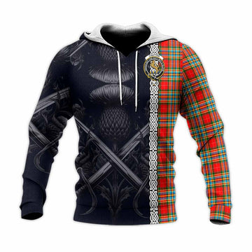 Chattan Tartan Knitted Hoodie with Family Crest Cross Sword Thistle Celtic Vibes