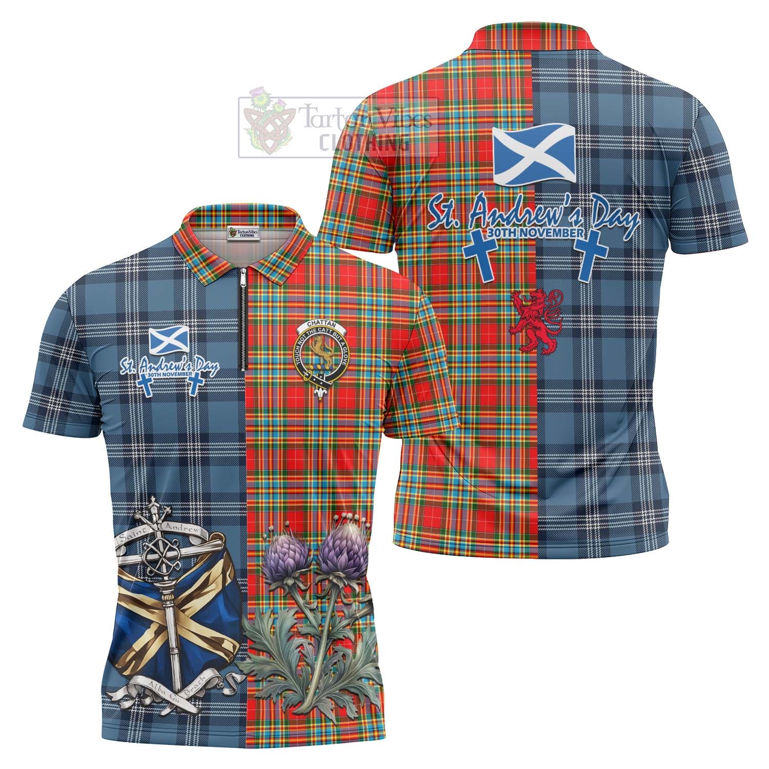 Tartan Vibes Clothing Chattan Tartan Zipper Polo Shirt Happy St. Andrew's Day Half Tartan Style