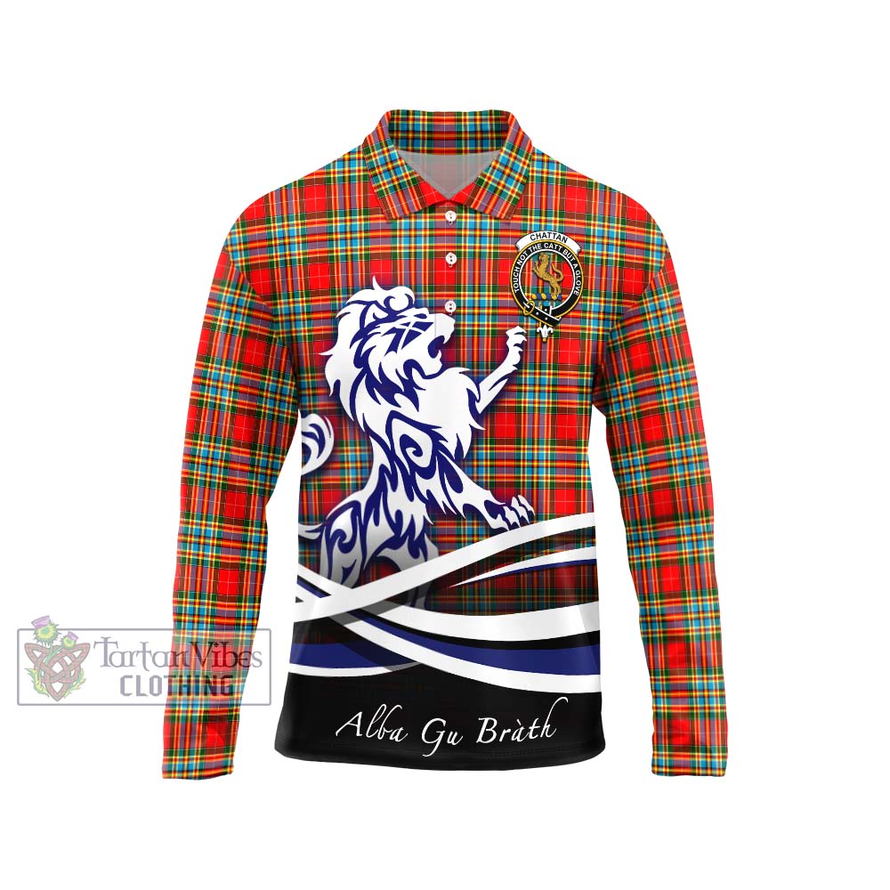 Chattan Tartan Long Sleeve Polo Shirt with Alba Gu Brath Regal Lion Emblem Unisex - Tartanvibesclothing Shop