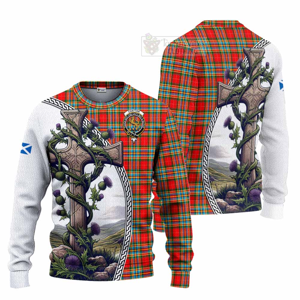 Tartan Vibes Clothing Chattan Tartan Knitted Sweater with Family Crest and St. Andrew's Cross Accented by Thistle Vines