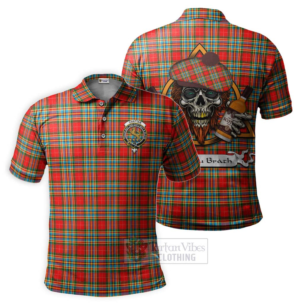 Tartan Vibes Clothing Chattan Tartan Polo Shirt with Family Crest and Bearded Skull Holding Bottles of Whiskey