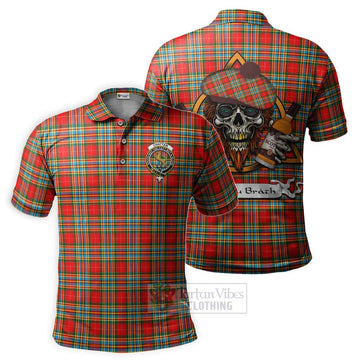 Chattan Tartan Polo Shirt with Family Crest and Bearded Skull Holding Bottles of Whiskey