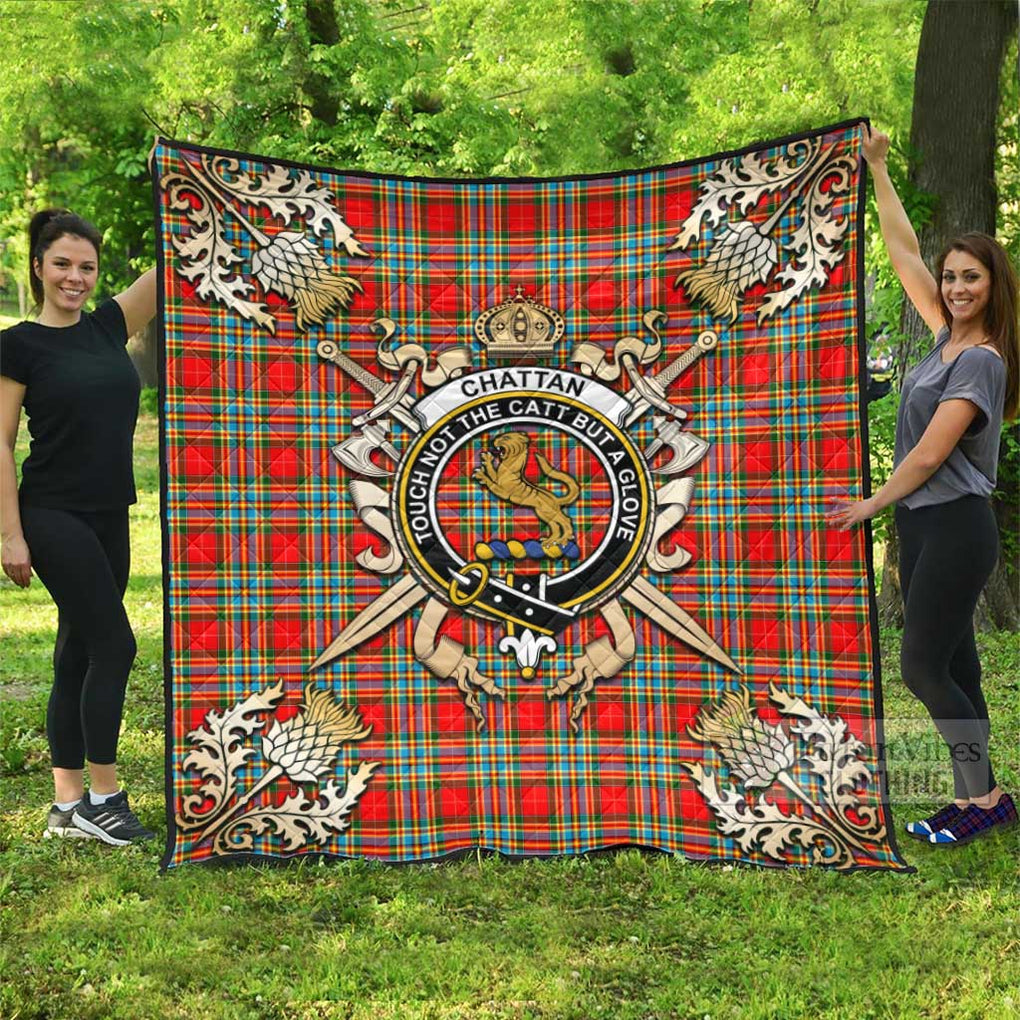 Tartan Vibes Clothing Chattan Tartan Quilt with Family Crest and Scottish Golden Courage Shield