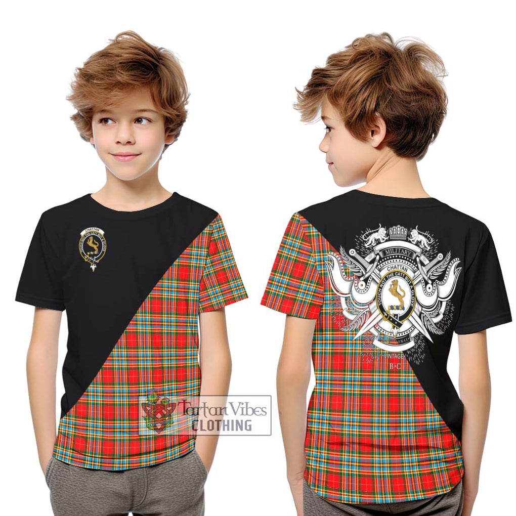 Chattan Tartan Kid T-Shirt with Family Crest and Military Logo Style Youth XL Size14 - Tartanvibesclothing Shop