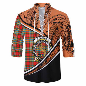 Chattan Crest Tartan Ghillie Kilt Shirt with Polynesian Vibes Style - Orange Version