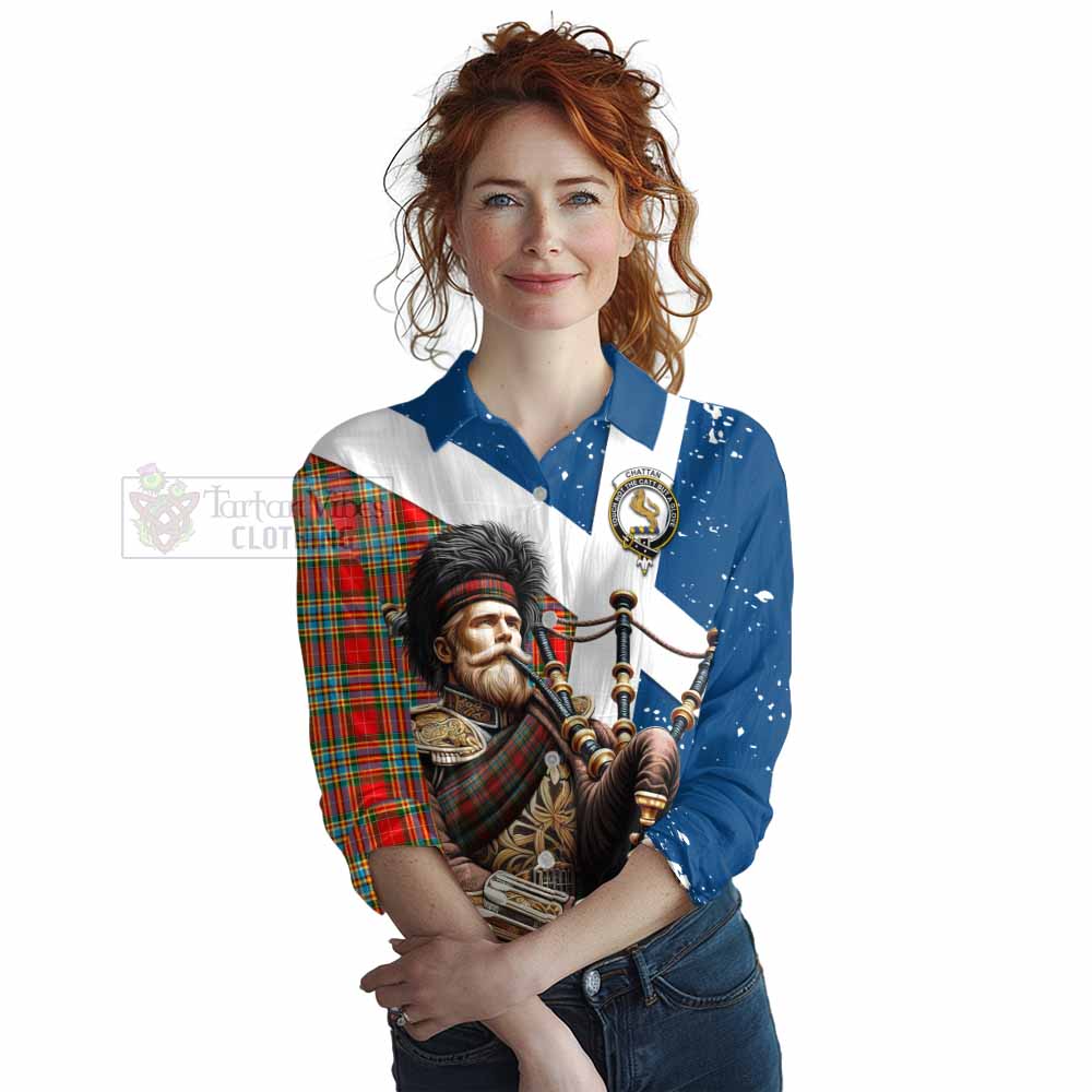 Tartan Vibes Clothing Chattan Tartan Women's Casual Shirt with Family Crest Scottish Bagpiper Vibes