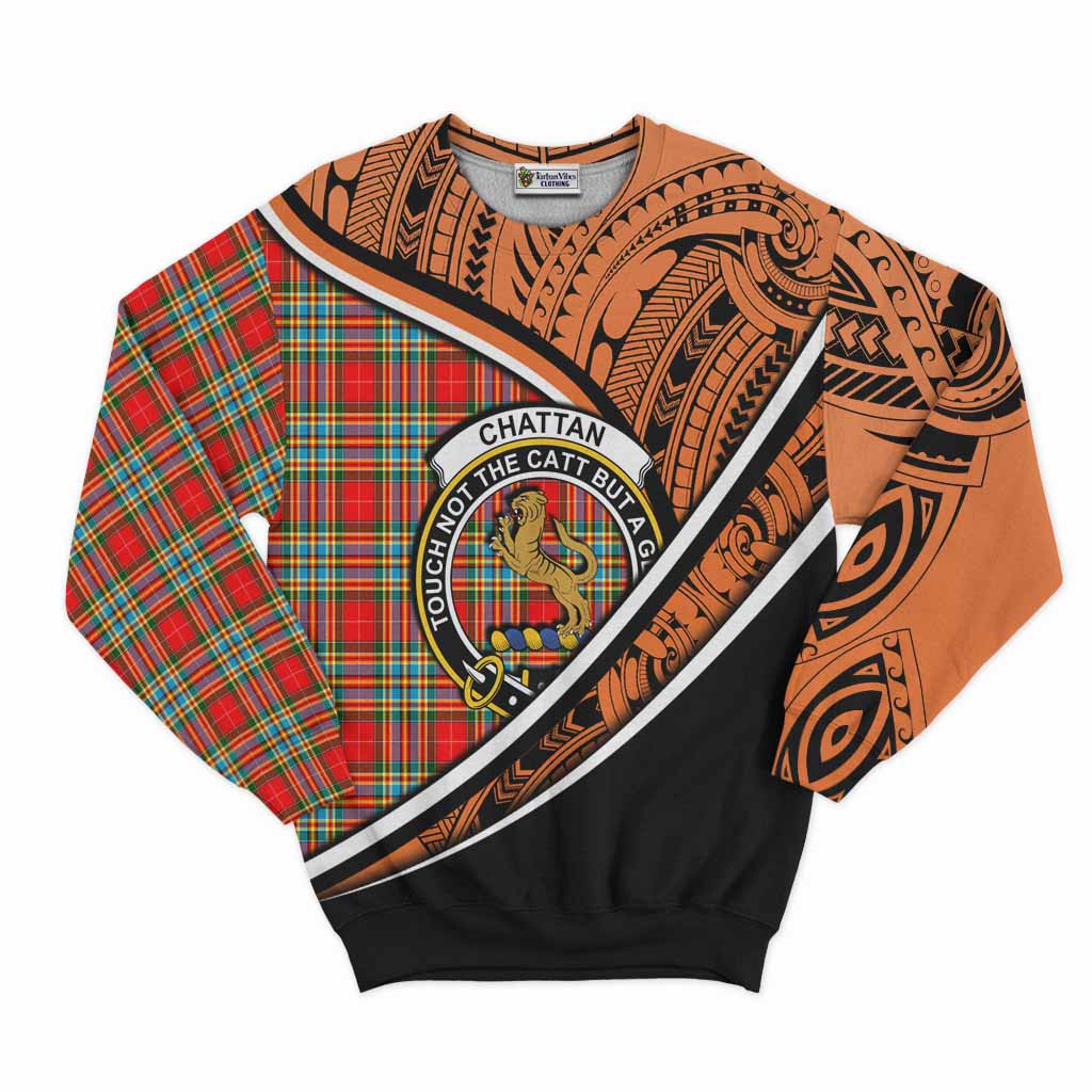 Tartan Vibes Clothing Chattan Crest Tartan Sweatshirt with Maori Tattoo Style - Orange Version