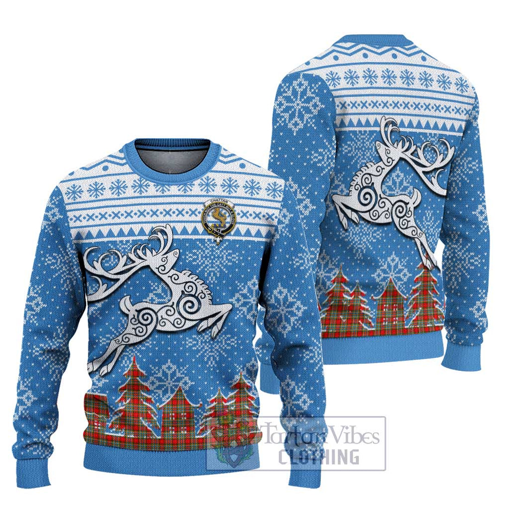 Tartan Vibes Clothing Chattan Clan Christmas Ugly Sweater with Tartan and Celtic Raindeer Style