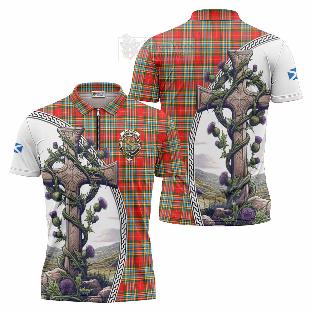 Tartan Vibes Clothing Chattan Tartan Zipper Polo Shirt with Family Crest and St. Andrew's Cross Accented by Thistle Vines