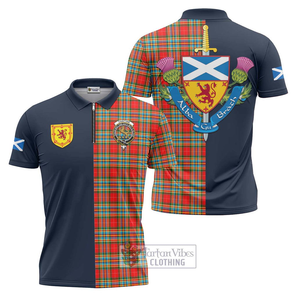 Tartan Vibes Clothing Chattan Tartan Zipper Polo Shirt with Scottish Lion Royal Arm Half Style