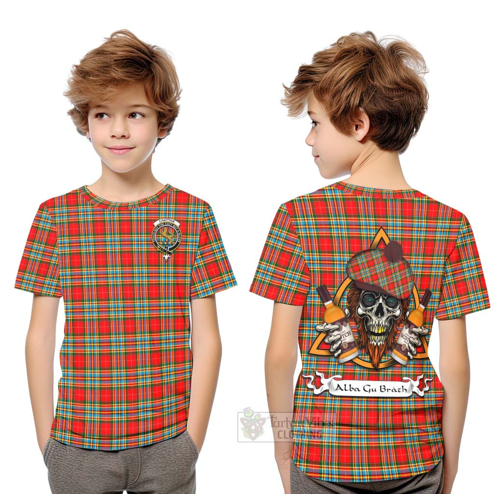 Tartan Vibes Clothing Chattan Tartan Kid T-Shirt with Family Crest and Bearded Skull Holding Bottles of Whiskey