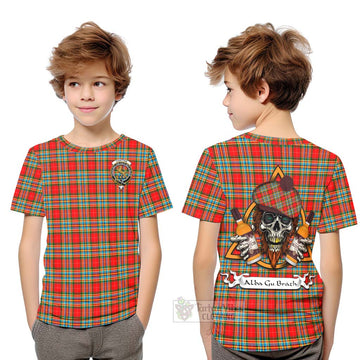 Chattan Tartan Kid T-Shirt with Family Crest and Bearded Skull Holding Bottles of Whiskey