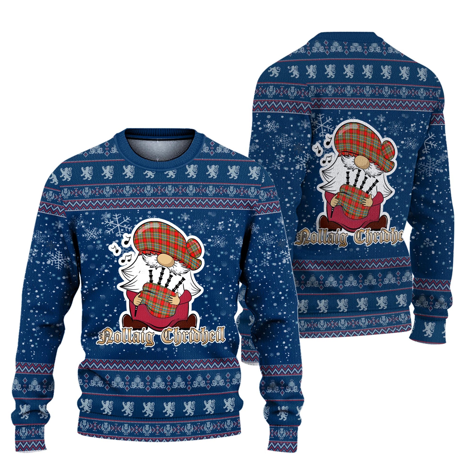 Chattan Clan Christmas Family Knitted Sweater with Funny Gnome Playing Bagpipes Unisex Blue - Tartanvibesclothing