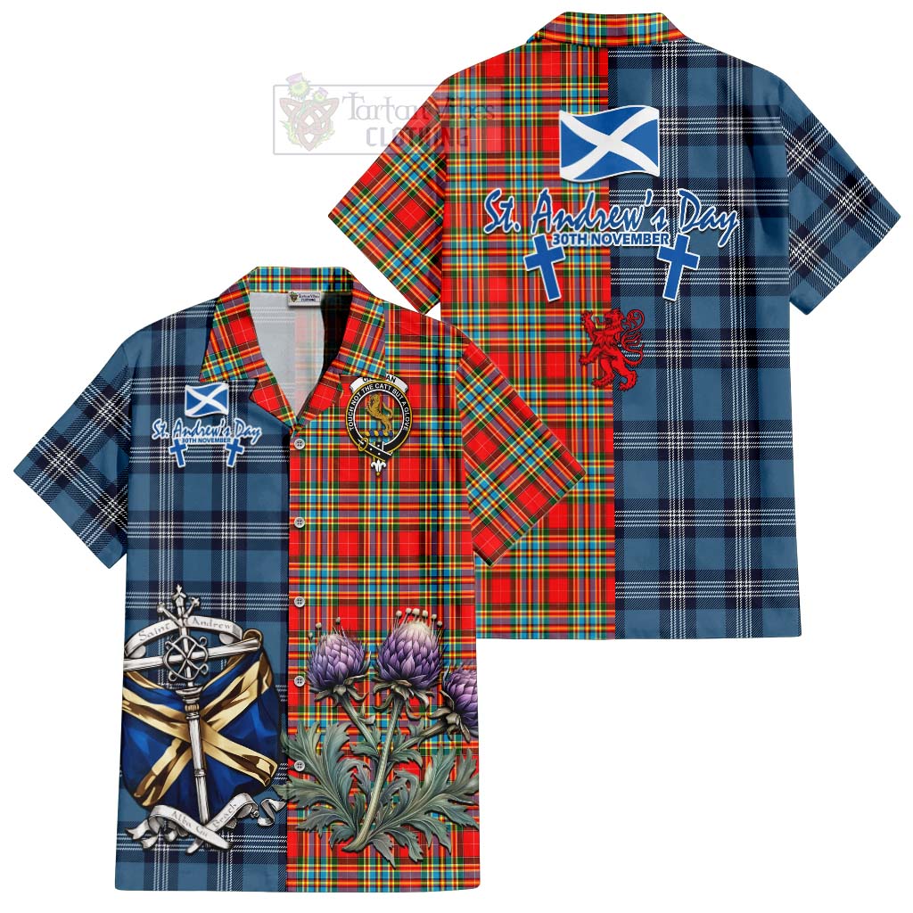 Tartan Vibes Clothing Chattan Tartan Short Sleeve Button Shirt Happy St. Andrew's Day Half Tartan Style