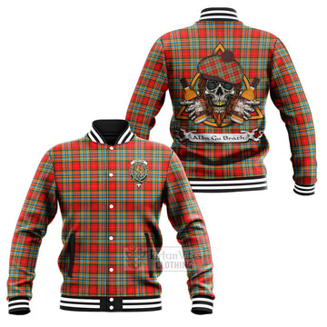 Chattan Tartan Baseball Jacket with Family Crest and Bearded Skull Holding Bottles of Whiskey