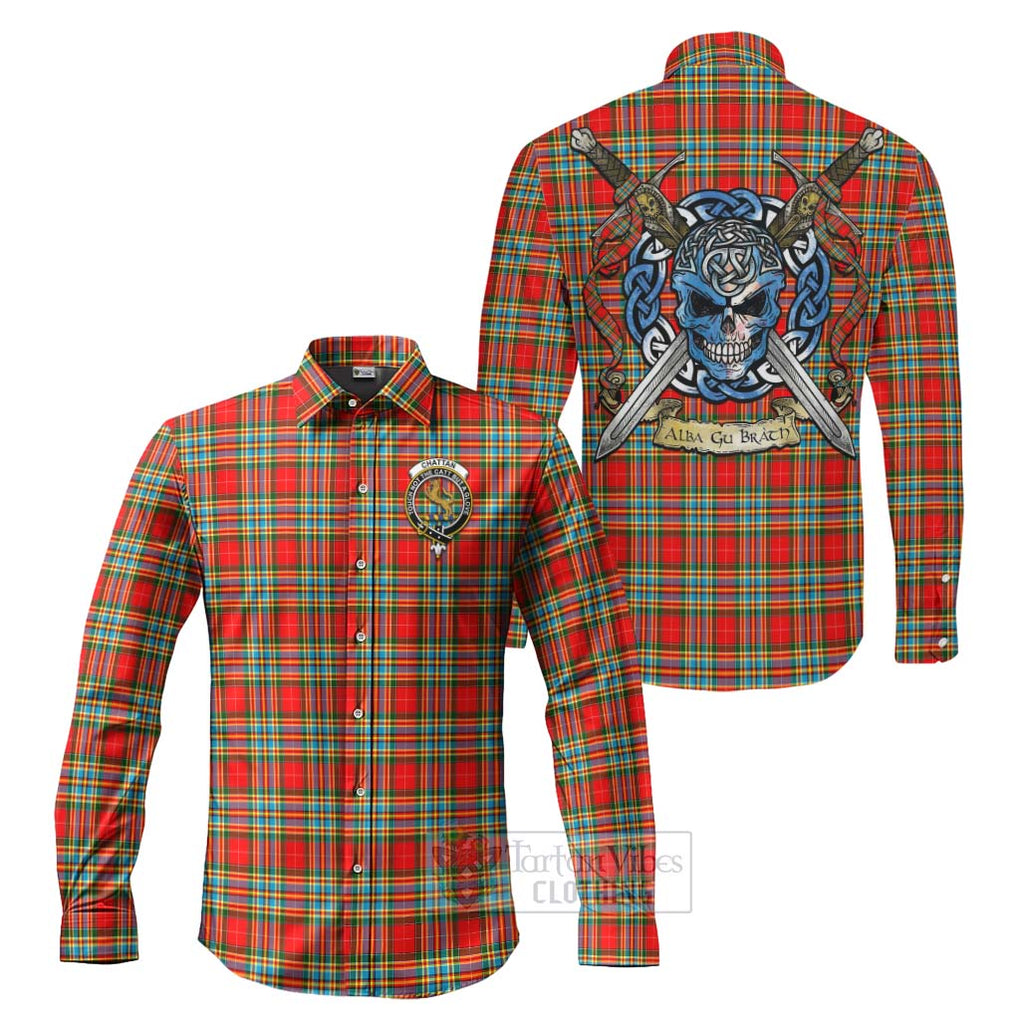 Tartan Vibes Clothing Chattan Tartan Long Sleeve Button Shirt with Family Crest Celtic Skull Style